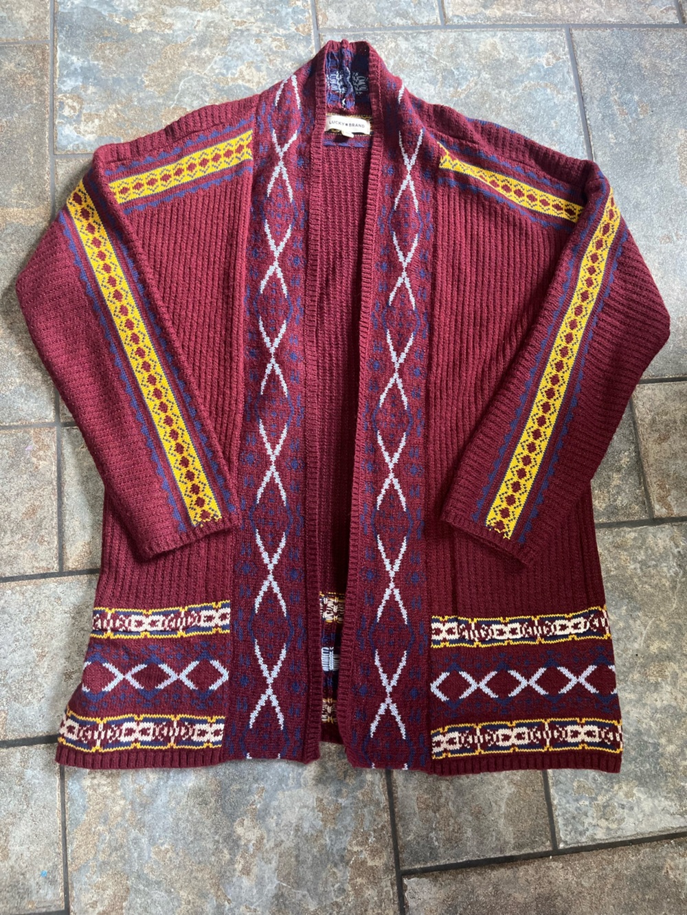 Lucky Brand Maroon Red Knit Cardigan with Yellow Accent